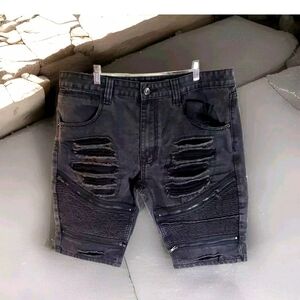 Decibel Jean Shorts Men's 36x12 Black Denim Moto Distressed Zipper Skater_AV